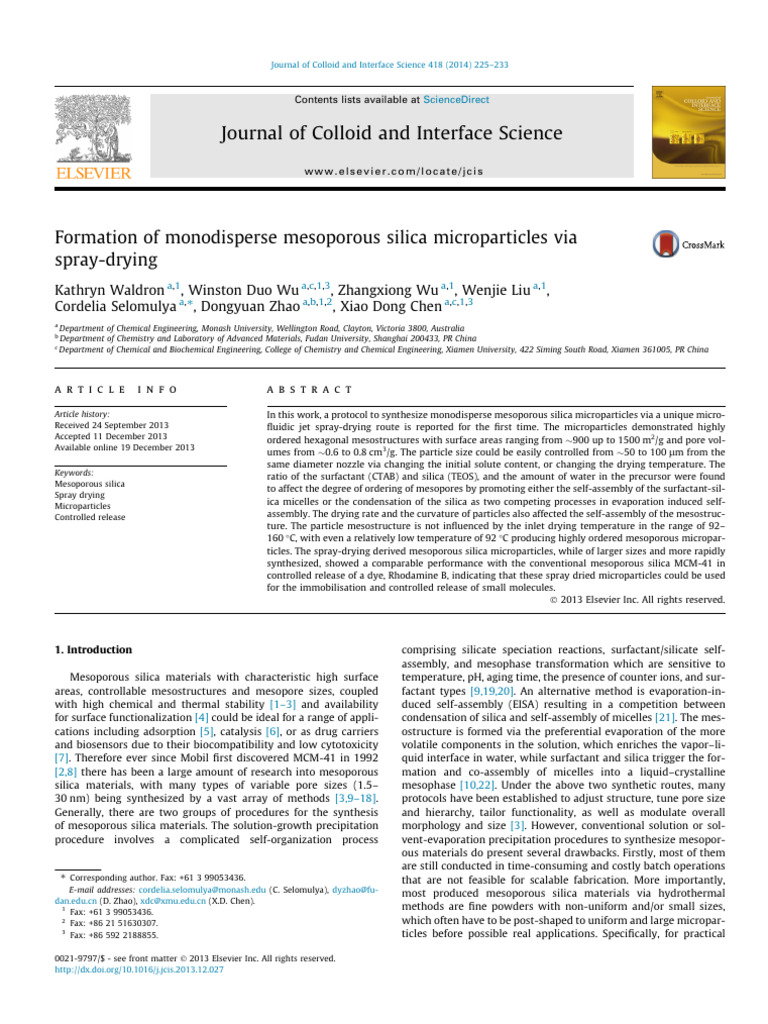 Formation of Monodisperse Mesoporous Silica Microparticles Via Spray ...