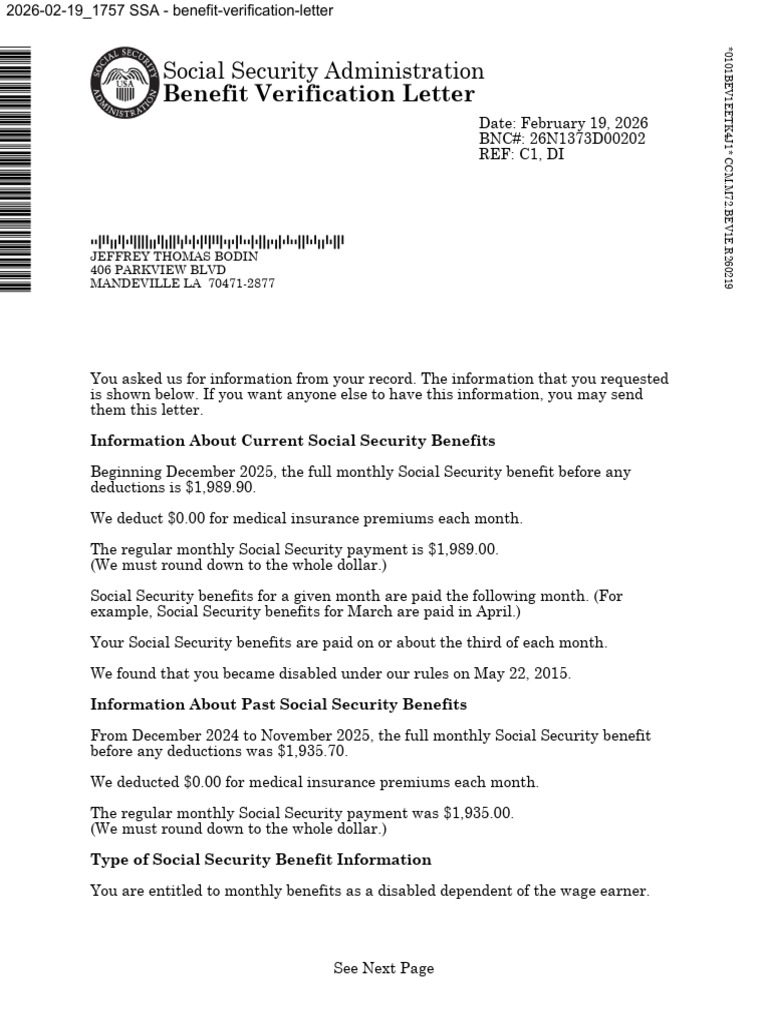 2026-02-19 - 1757 SSA - Benefit-Verification-Letter PDF | PDF | Social ...