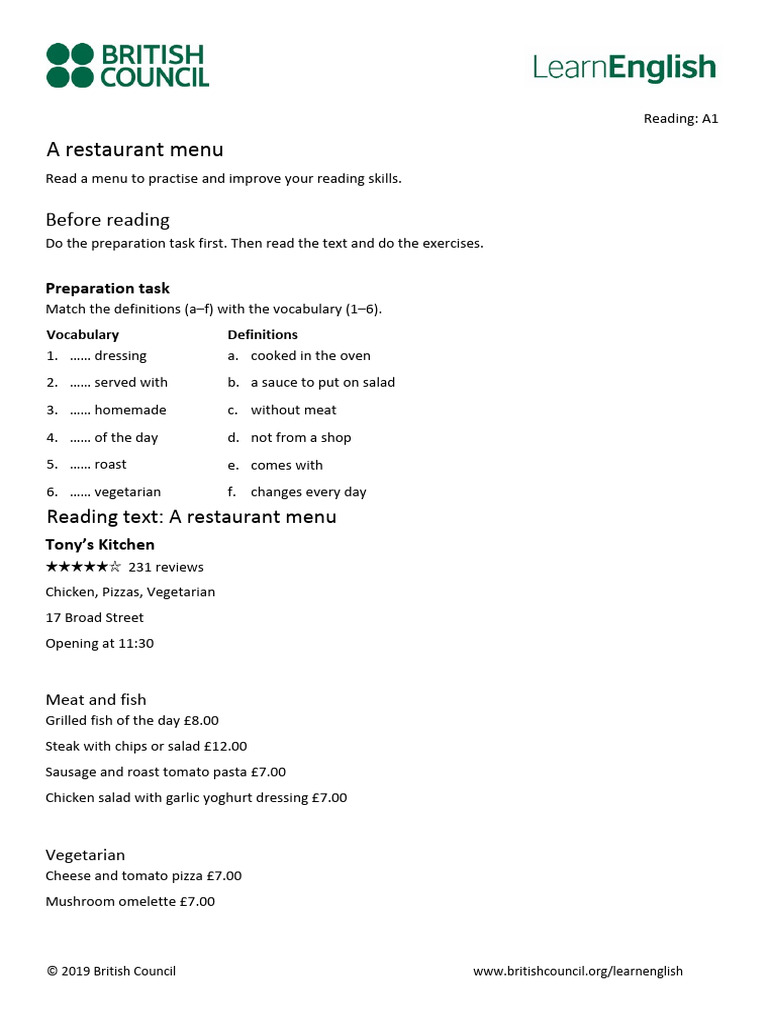 Reading A1 A Restaurant Menu | PDF | Drink | Steak