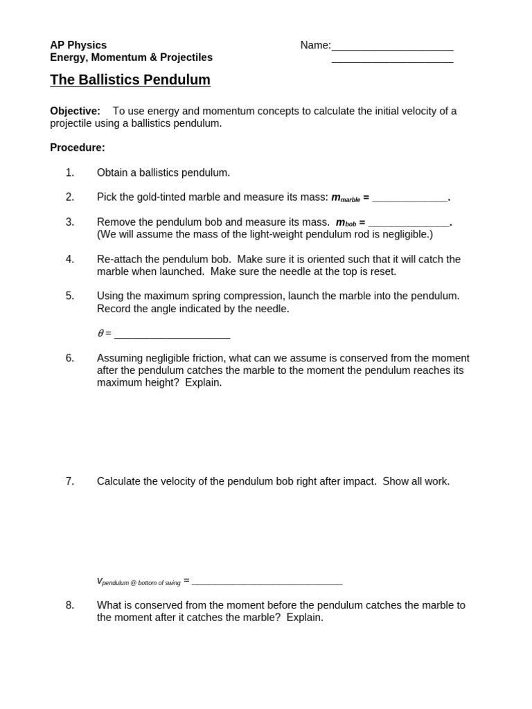 Lab - Ballistics Pendulum | PDF | Pendulum | Ballistics