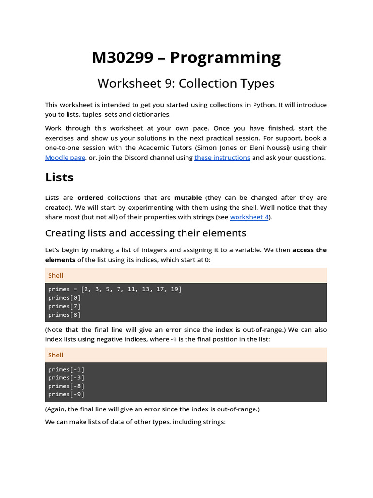 Worksheet 9 - Collection Types | PDF | Control Flow | Computer Programming