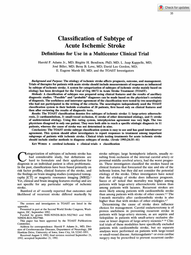 Adams Et Al 1993 Classification of Subtype of Acute Ischemic Stroke ...