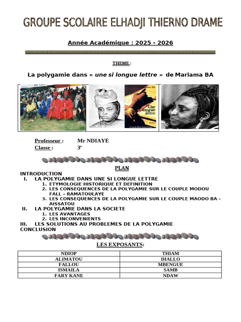 Page de Garde Une Si Longue Lettre Polygamie 2026 | PDF