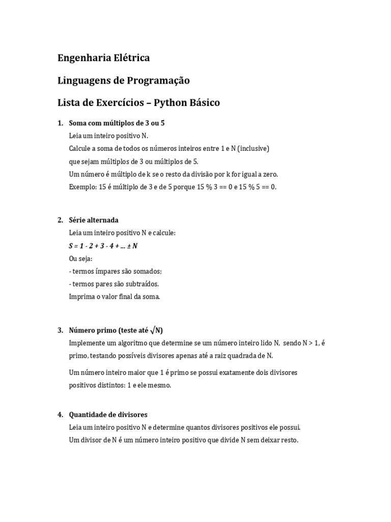 Lista Exercicios Python Básico | PDF | Número primo | Números