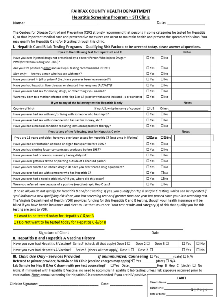 Hepatitis Screening Form | PDF | Hepatitis B | Hepatitis
