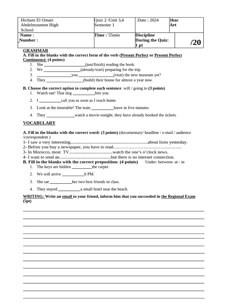 Quiz 2 Second Bac 2 | PDF