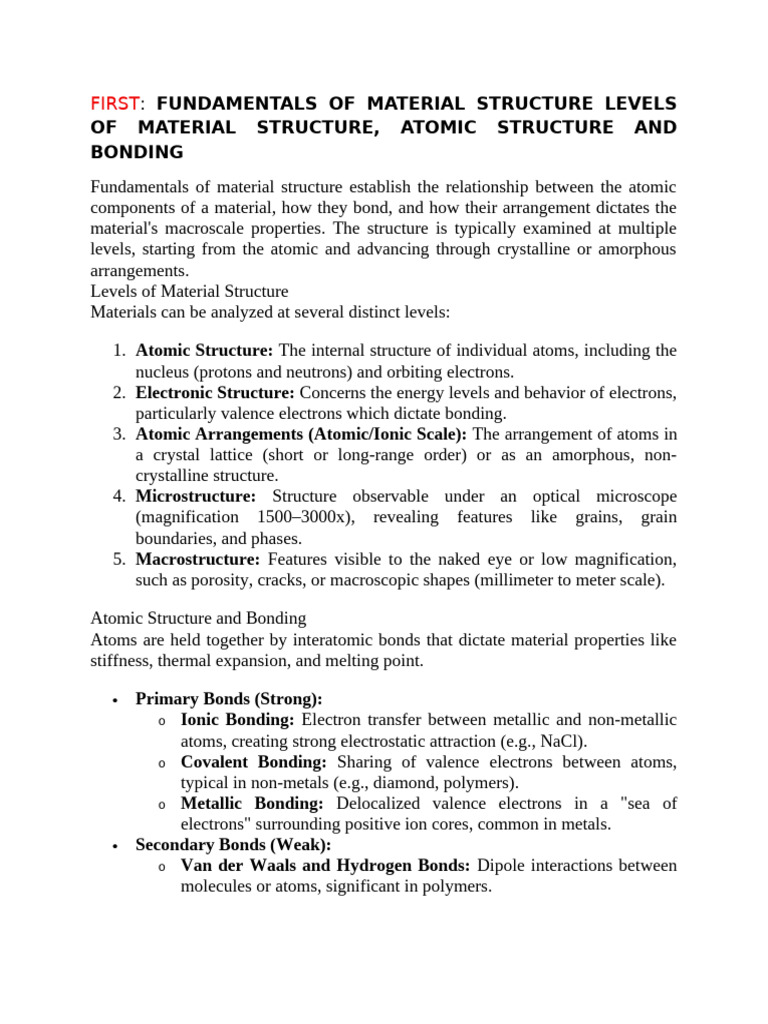 First Fundamentals of Material Structure Levels of Material Struc | PDF