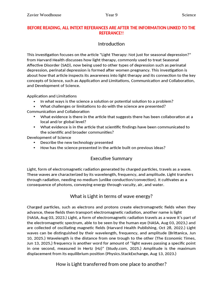 Science SHE Task Report - Zavier Woodhouse | PDF | Light ...