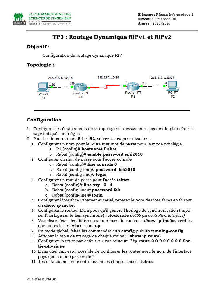 Tp3: Routage Dynamique Ripv1 Et Ripv2: Objectif | PDF | Adresse IP ...