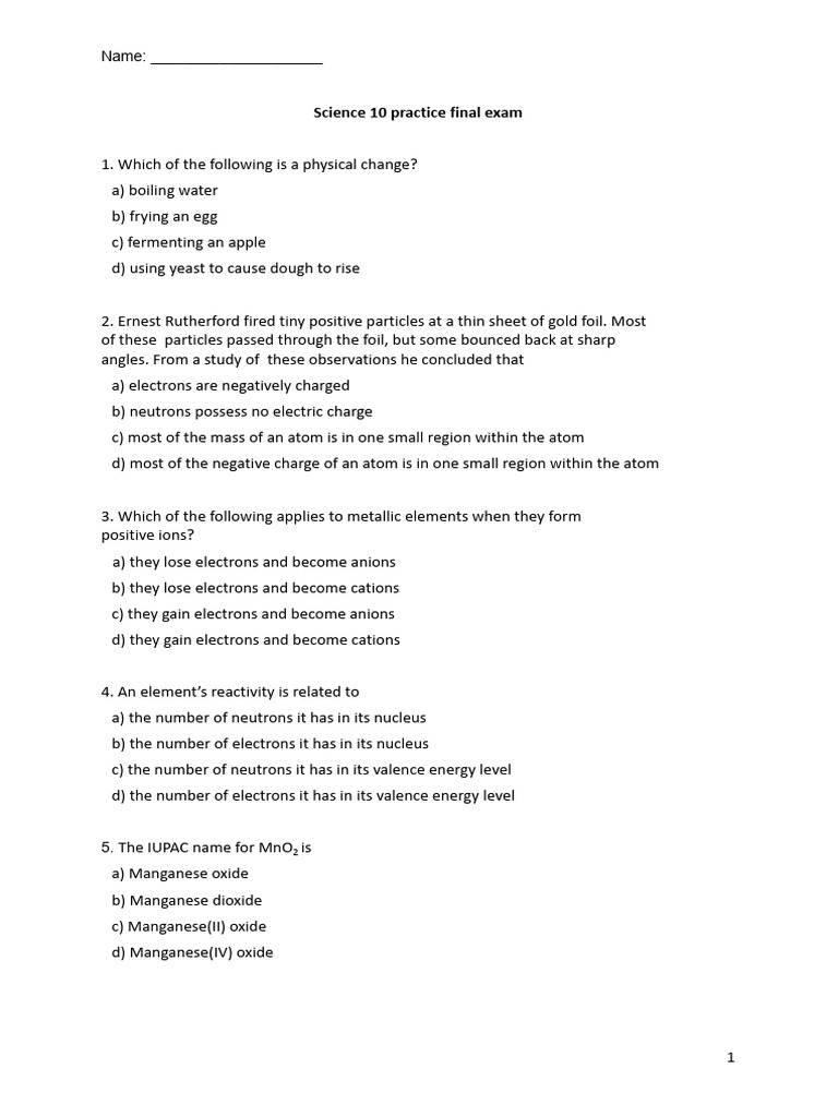 Science 10 Pre-practice Final Exam | PDF | Ion | Cell (Biology)