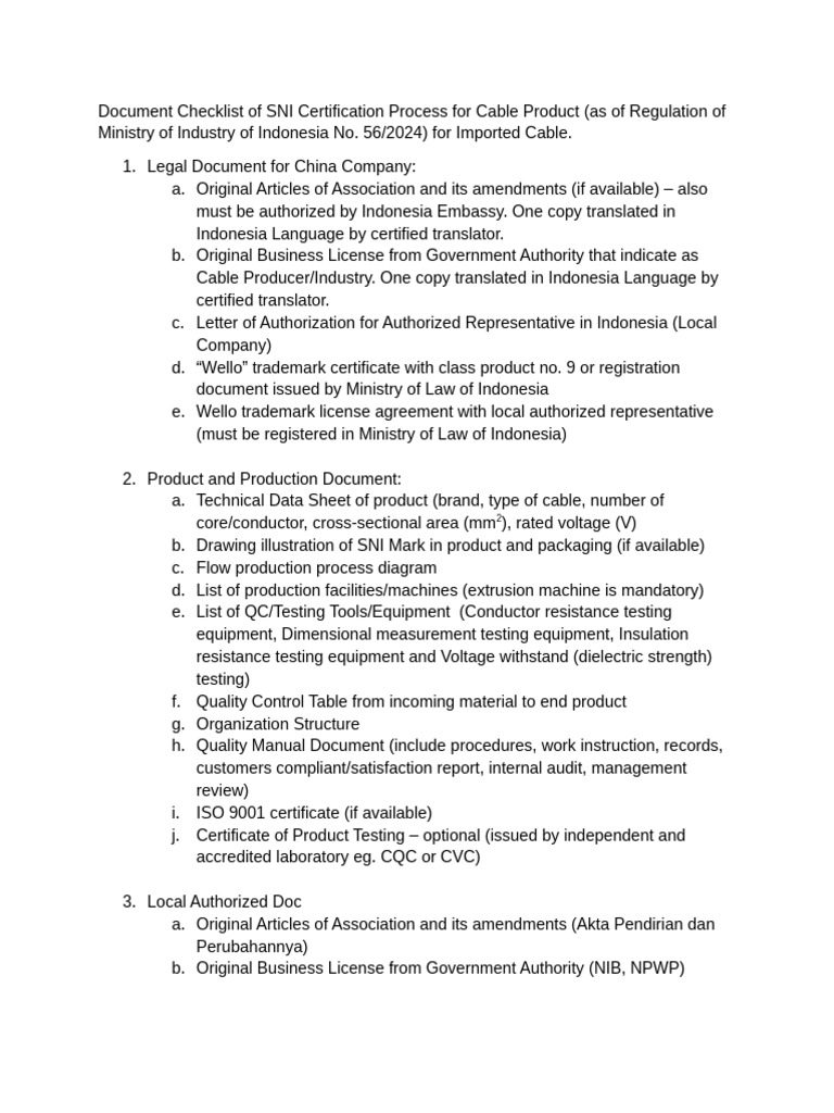 Document Checklist of SNI Certification Process For Cable Product | PDF