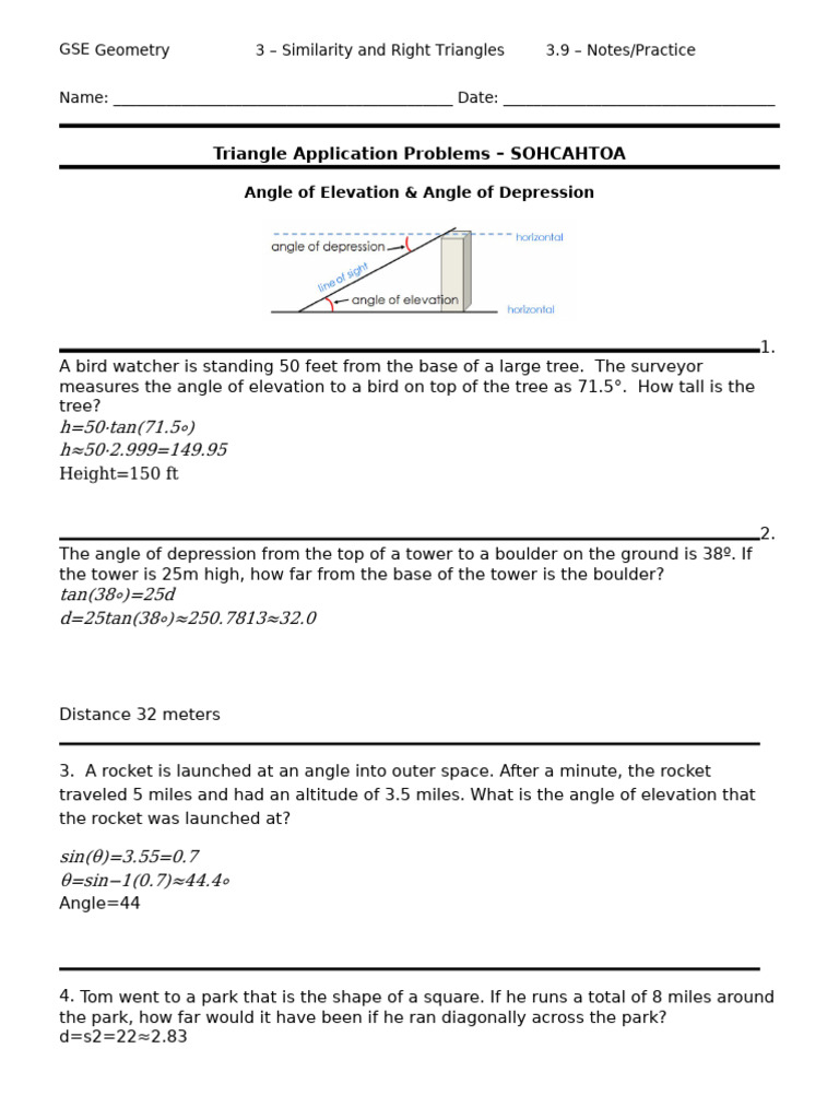 3.9 - Sohcahtoa Application Problems From Powerpoint | PDF | Triangle ...