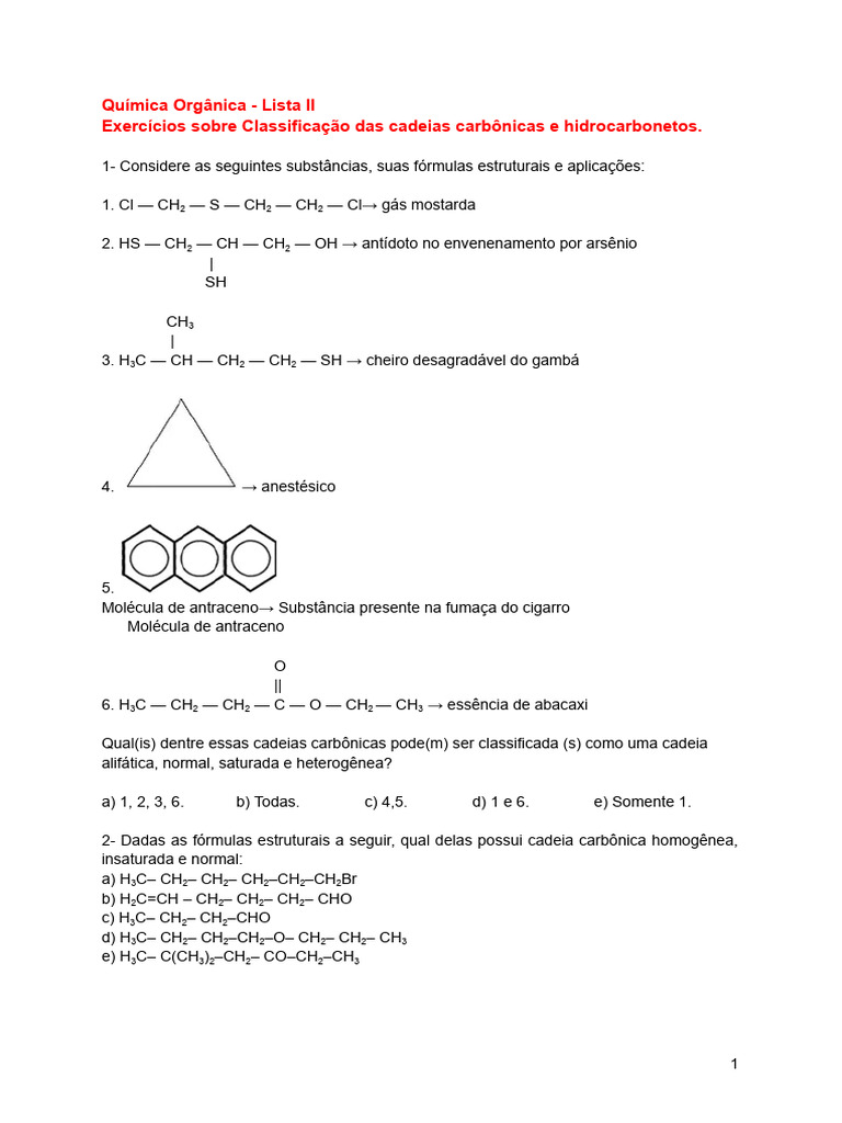 Exercícios Sobre Cadeias Carbônicas e Hidrocarbonetos | PDF | Dióxido ...