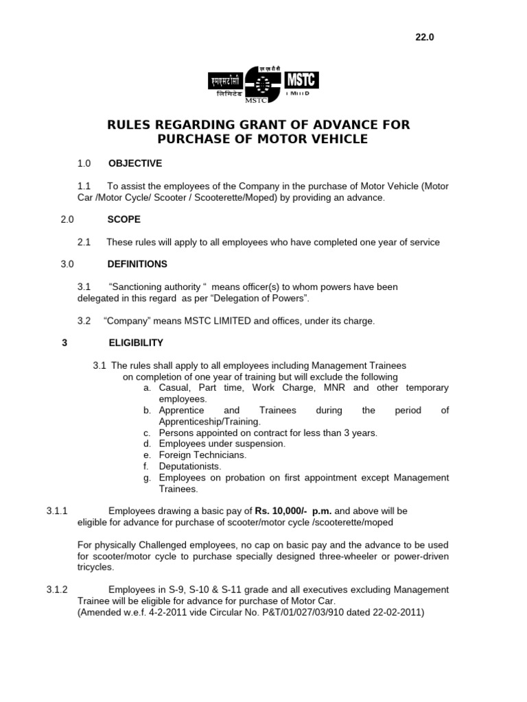 d2 - Rules Regarding Grant of Advance For Purchase of Motor Vehicle ...