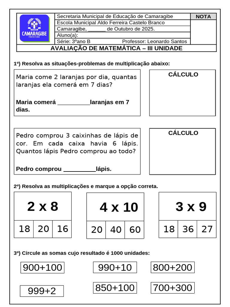 Prova de Matematica 3 - Ano | PDF | Matemática