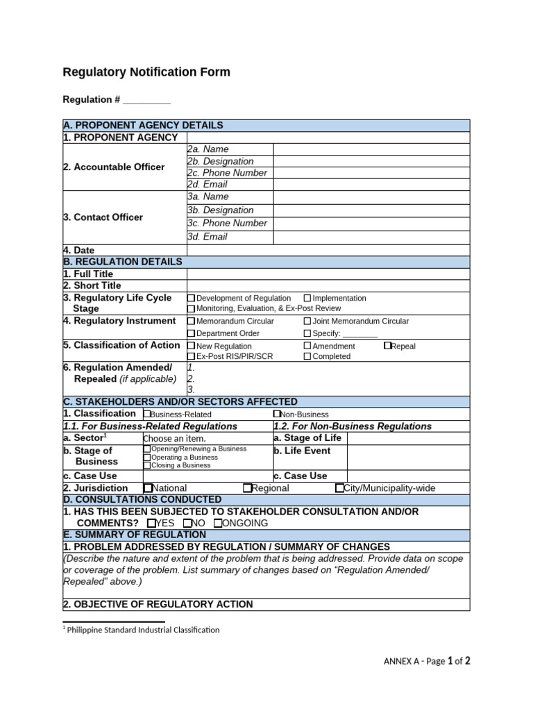 Regulatory Notification Form Revised | PDF | Business | Government
