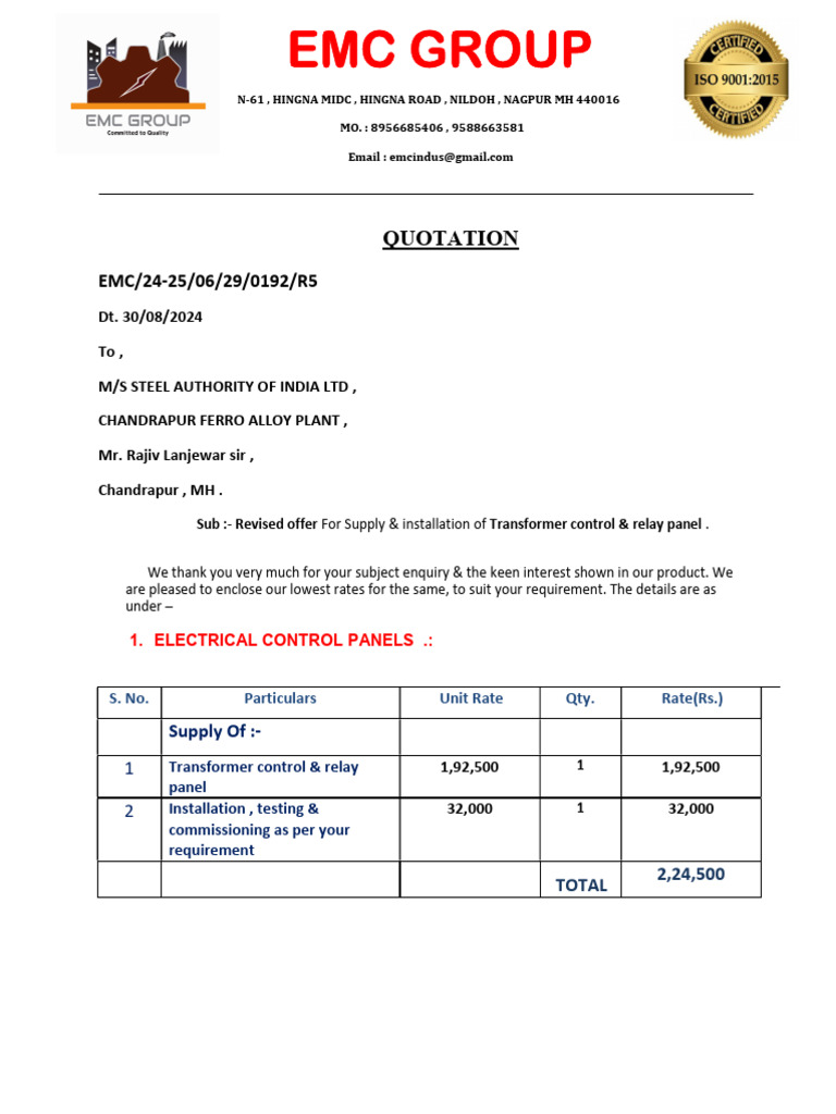 Sail Mel Ht c&r Panel Quotation With Bom r5 | PDF | Electrical ...