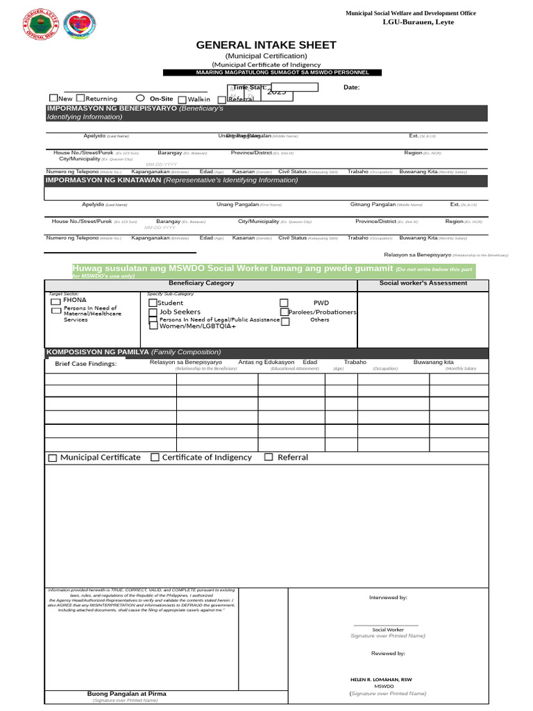 Intake Sheet AICS - General | PDF