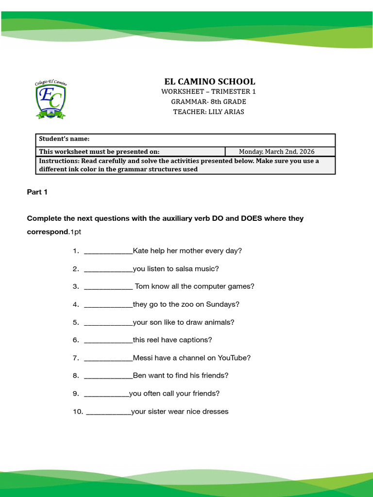 GRAMMAR Worksheet 8th | PDF | Syntax | Grammar