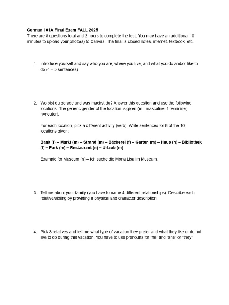 German 101A Final Exam FALL 2025 | PDF | Grammatical Gender | Morphology