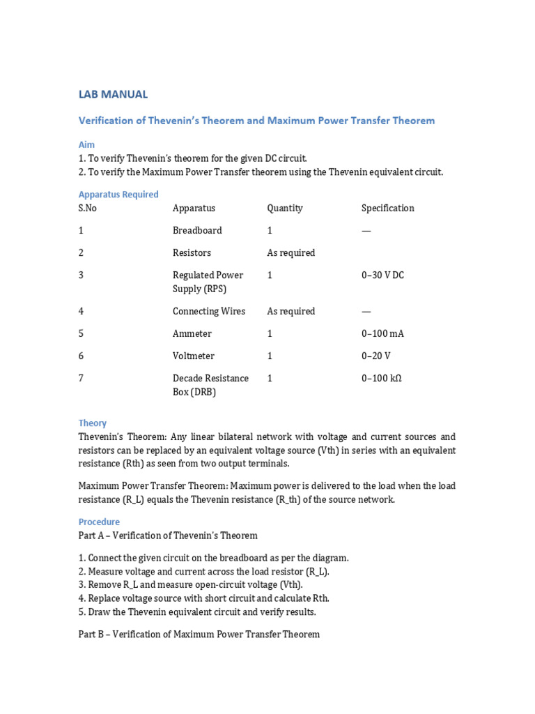 Thevenin and Maximum Power Transfer Lab Manual | PDF | Electrical ...