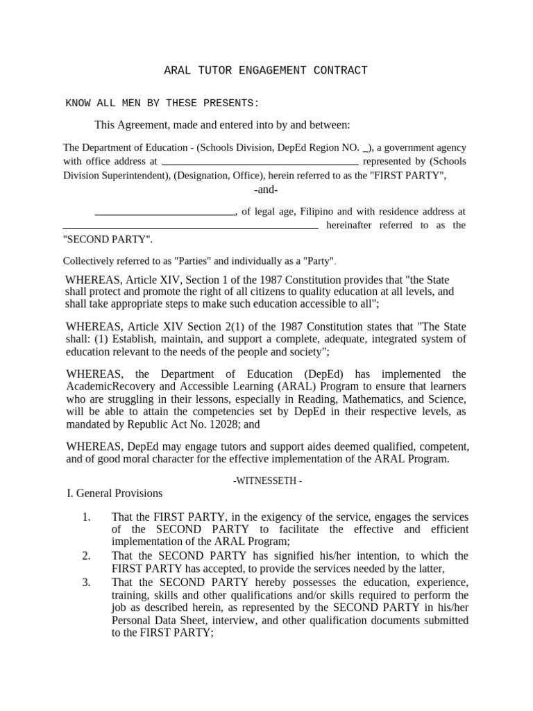 Aral Tutor Engagement Contract | PDF | Learning | Regulatory Compliance