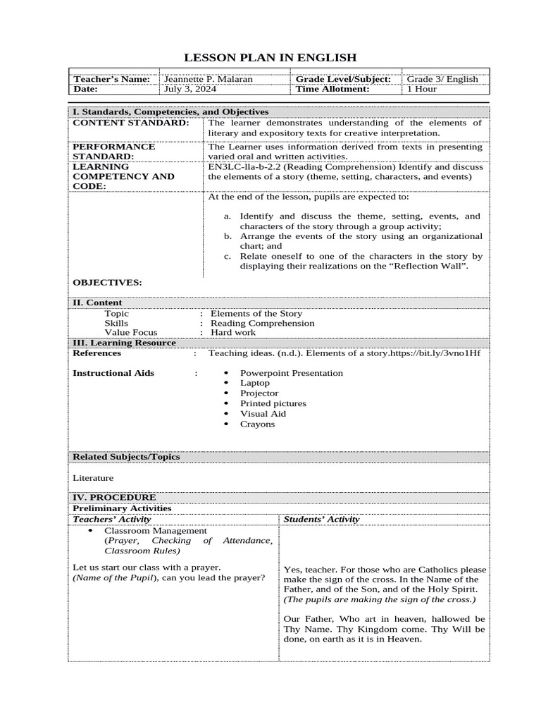 English Detailed Lesson Plan Final | PDF | Lord's Prayer | Lesson Plan