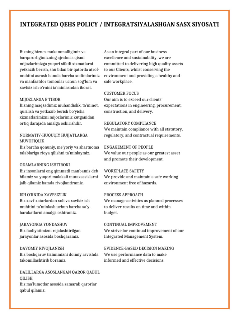 Integrated QEHS Policy Orange Frame | PDF | Business | Public Sphere