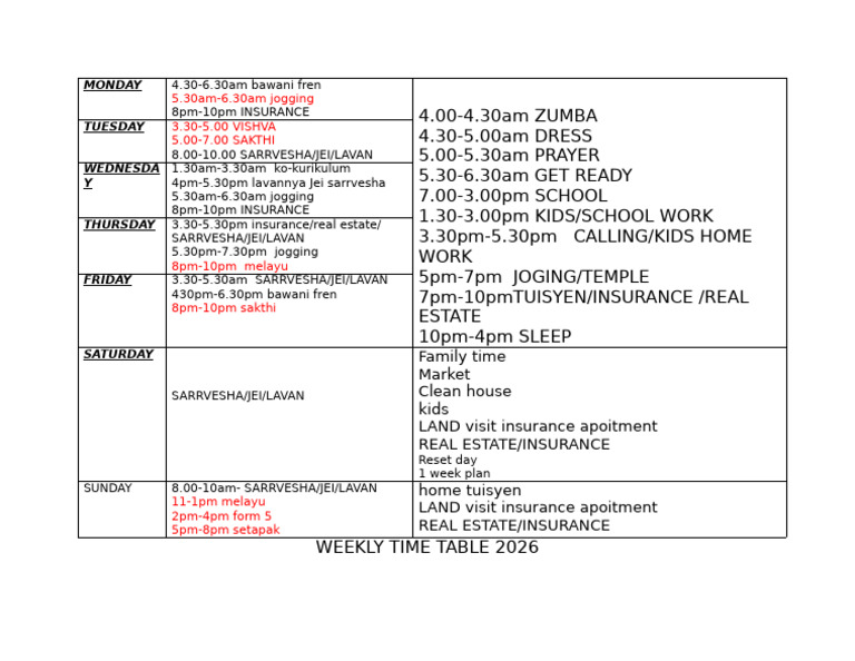 Weekly Time Table 2026 | PDF