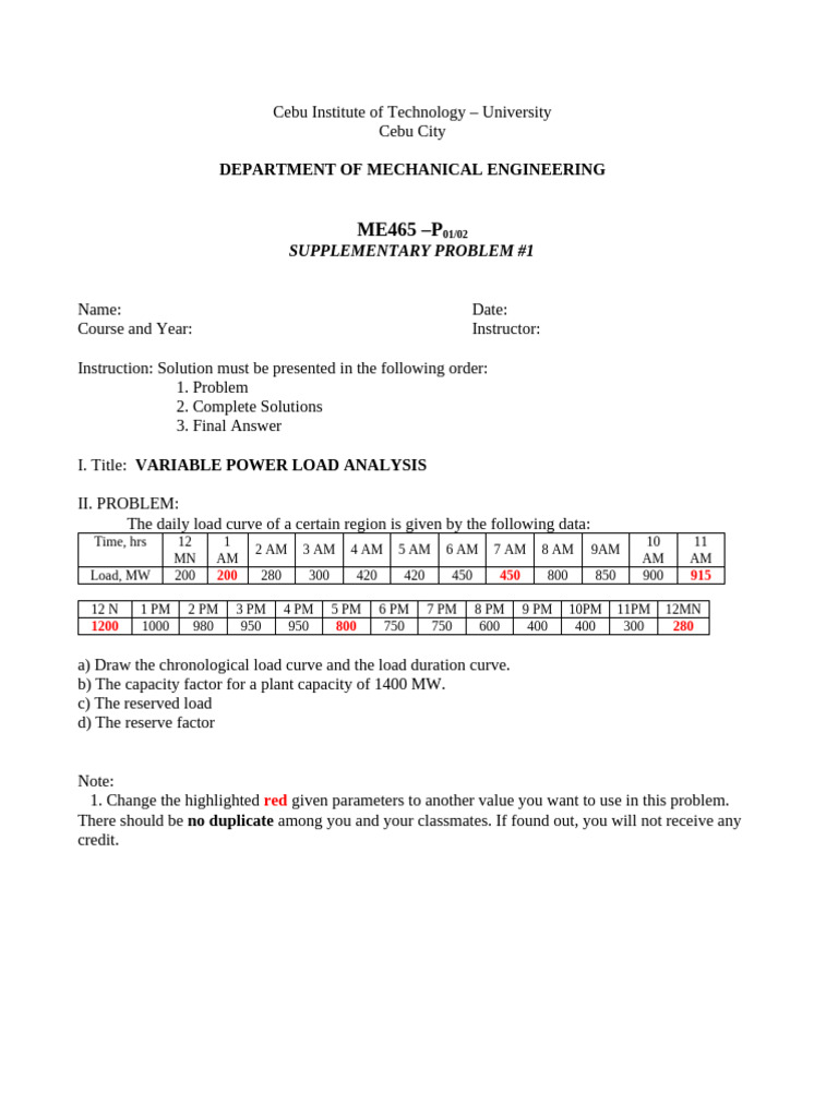 SP 1(Variable Power Load Analysis) - P01 | PDF