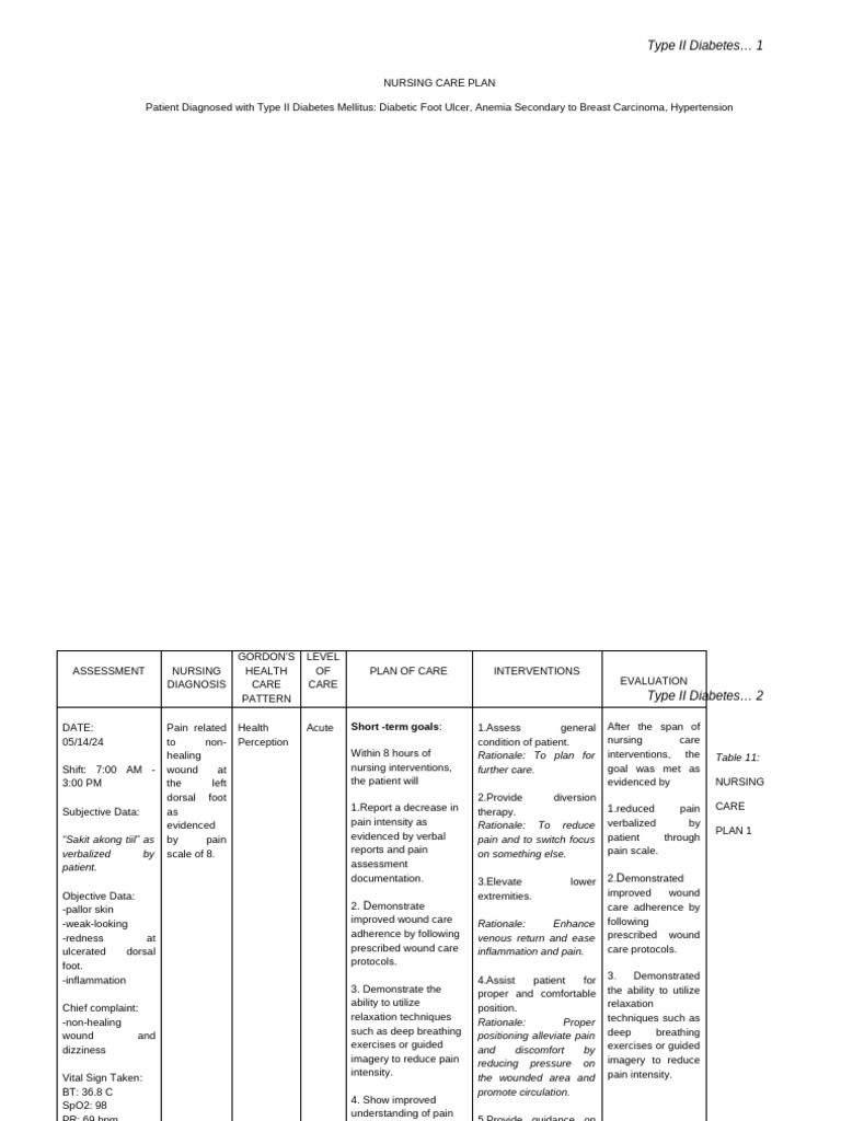 Nursing Care Plan Patient Diagnosed With Type II Diabetes Mellitus ...
