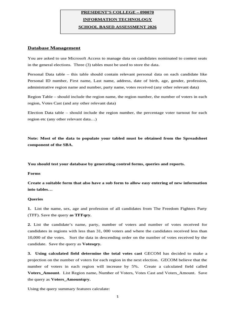 SBA 2026 Database Component 2025 - 2026 Final | PDF | Databases ...