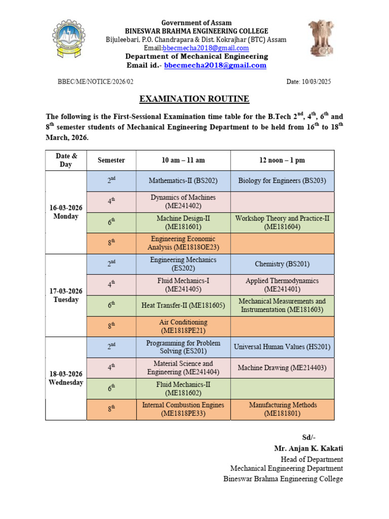 ME 1ST Sessional Even 2026 Routine | PDF | Engineering | Mechanical ...