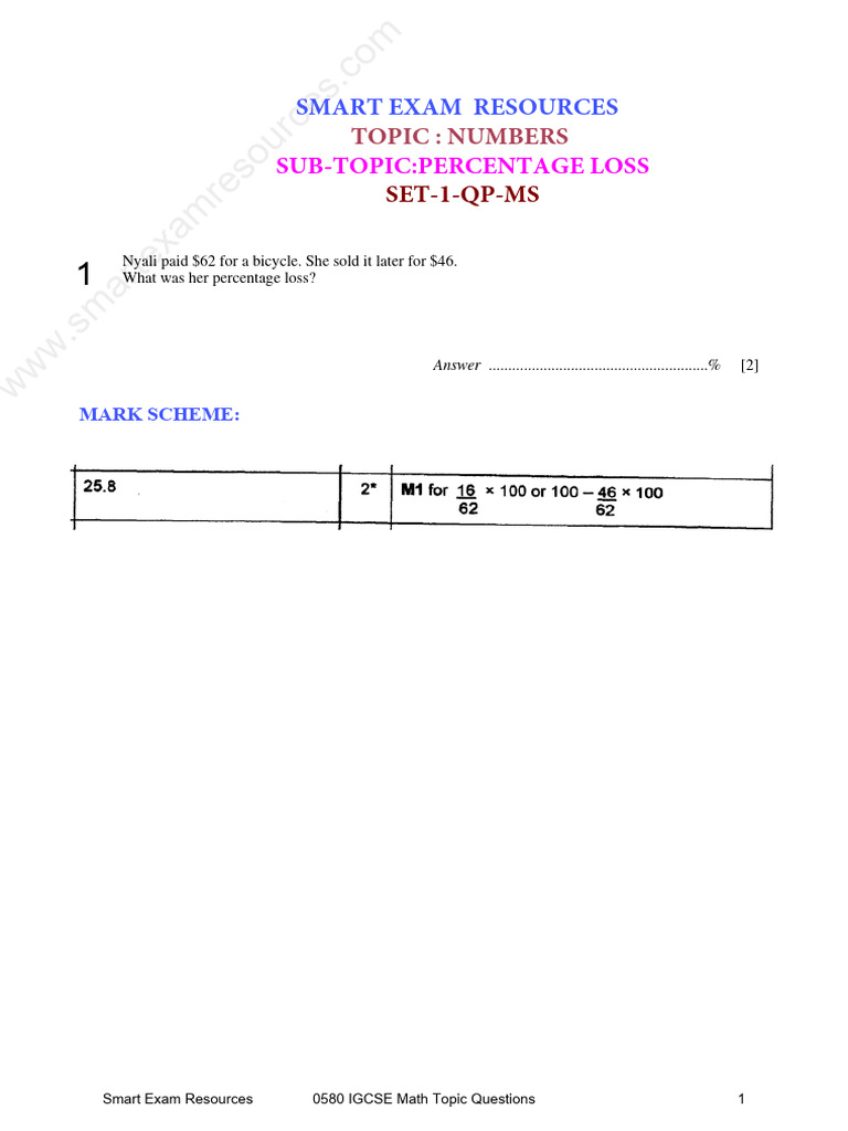 1.6.6 Percentage Loss Set 1 Qp Ms IGCSE Math Topic Questions Paper 2 | PDF