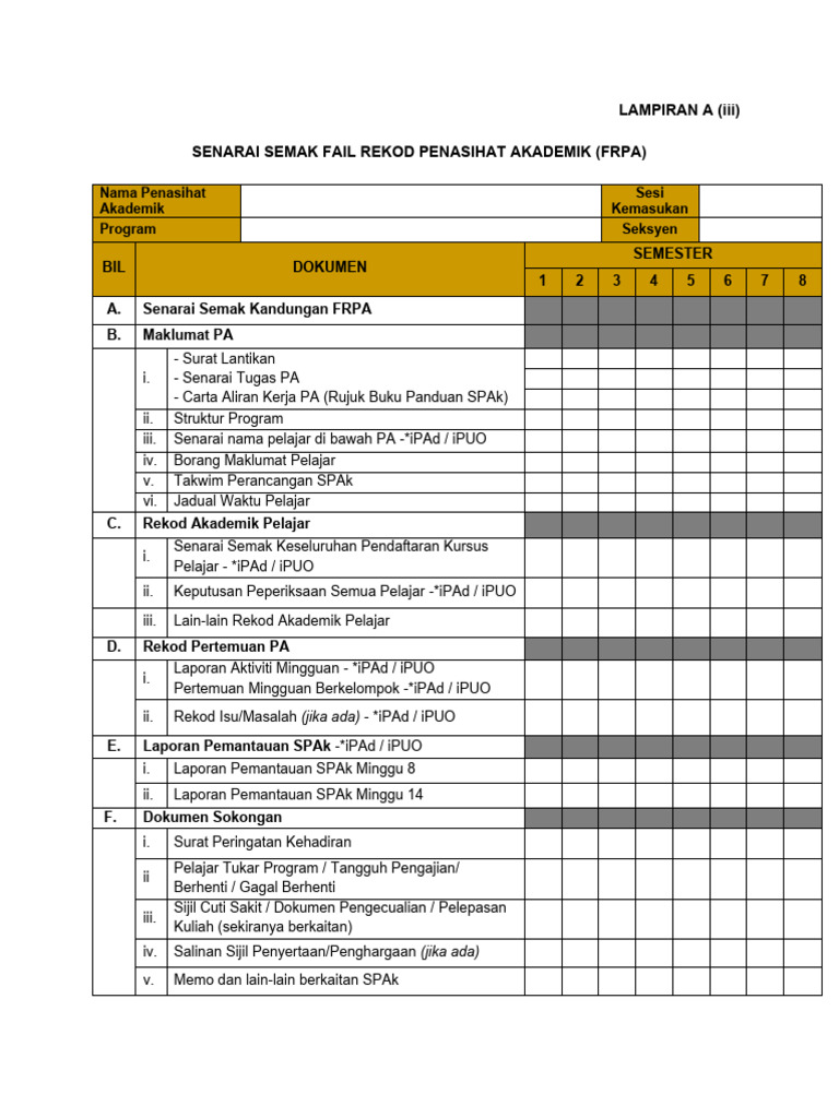 Lampiran A (III) - Senarai Semak Fail Rekod Penasihat Akademik (FRPA) | PDF