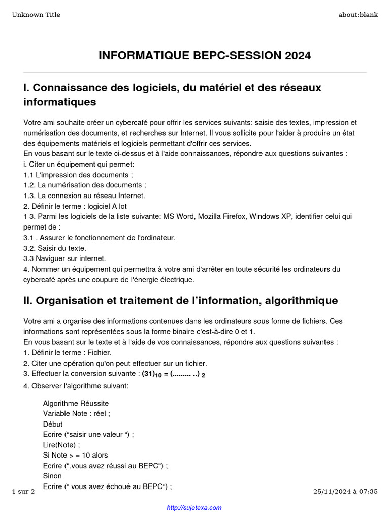 Ainformatique Bepc Plus Corri Session 2024 | PDF | Informatique ...