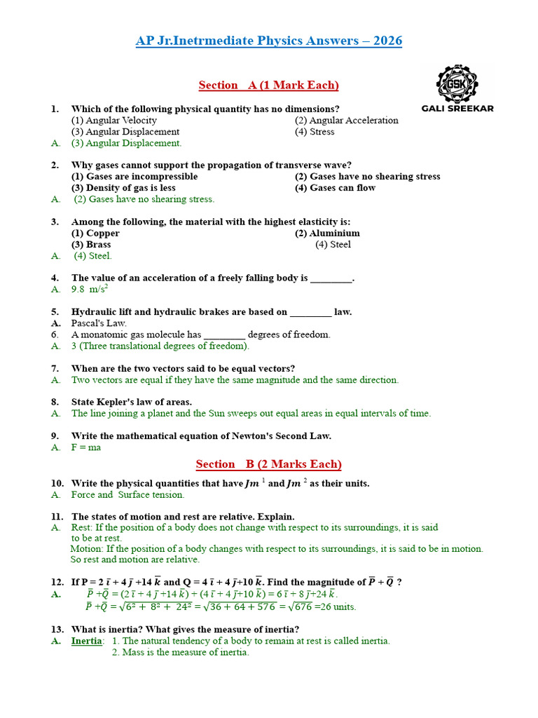 AP Jr. Physics Key - 2026 | PDF | Collision | Momentum