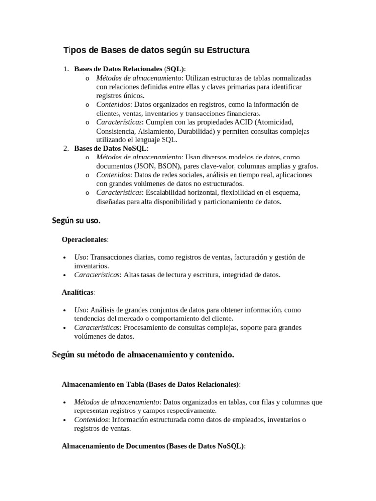 Tipos de Bases de Datos Según Su Estructura | PDF | Bases de datos | No Sql