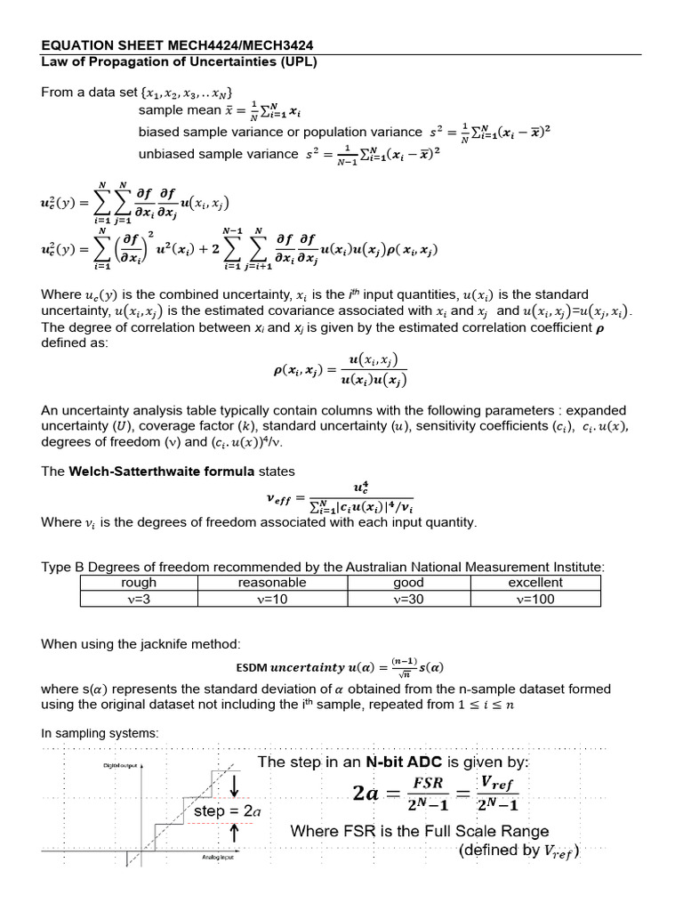 MECH4424 EquationSheet2022 | PDF | Variance | Statistical Theory