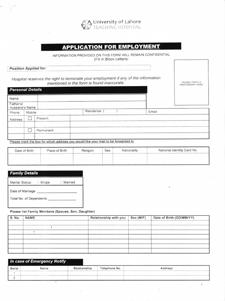Employment Application Form For The Post of Registrar and Staff Nurse 1 ...