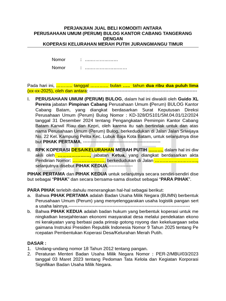 Draft Contoh Format PKS Koperasi Desa Merah Putih Dan Bulog | PDF