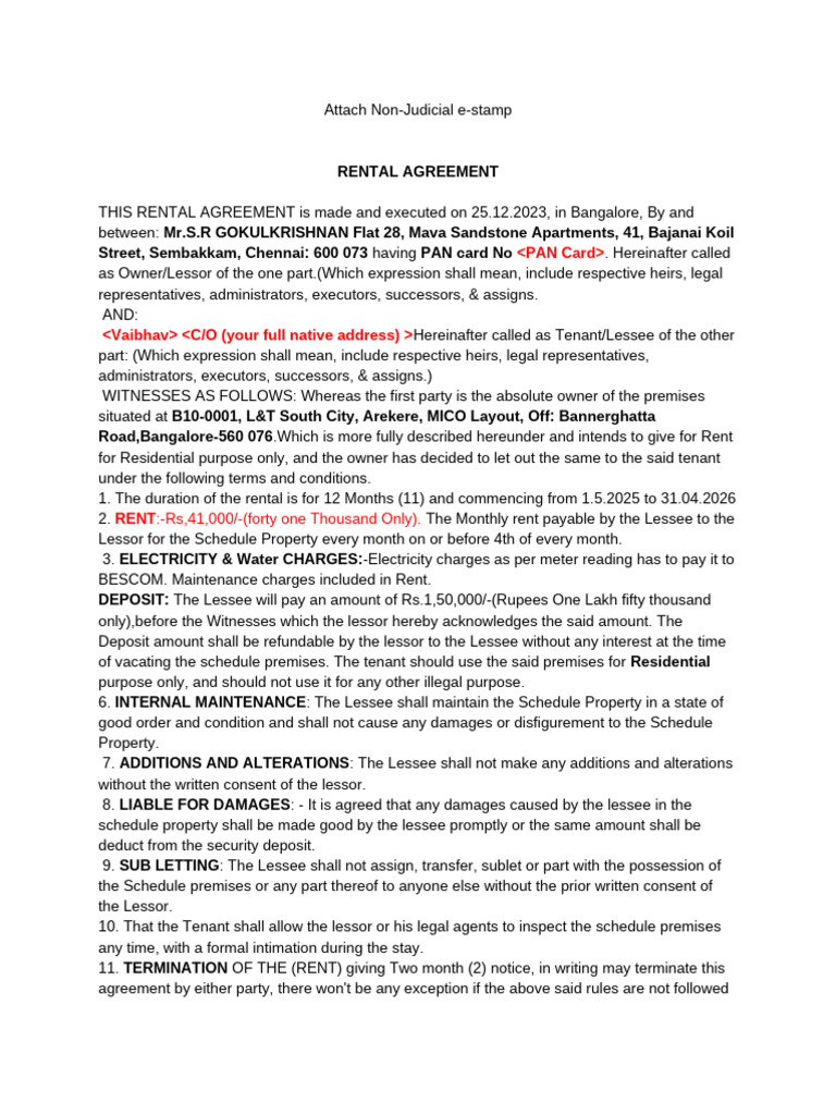Rental Agreement Vaibhav | PDF | Lease | Civil Law (Common Law)