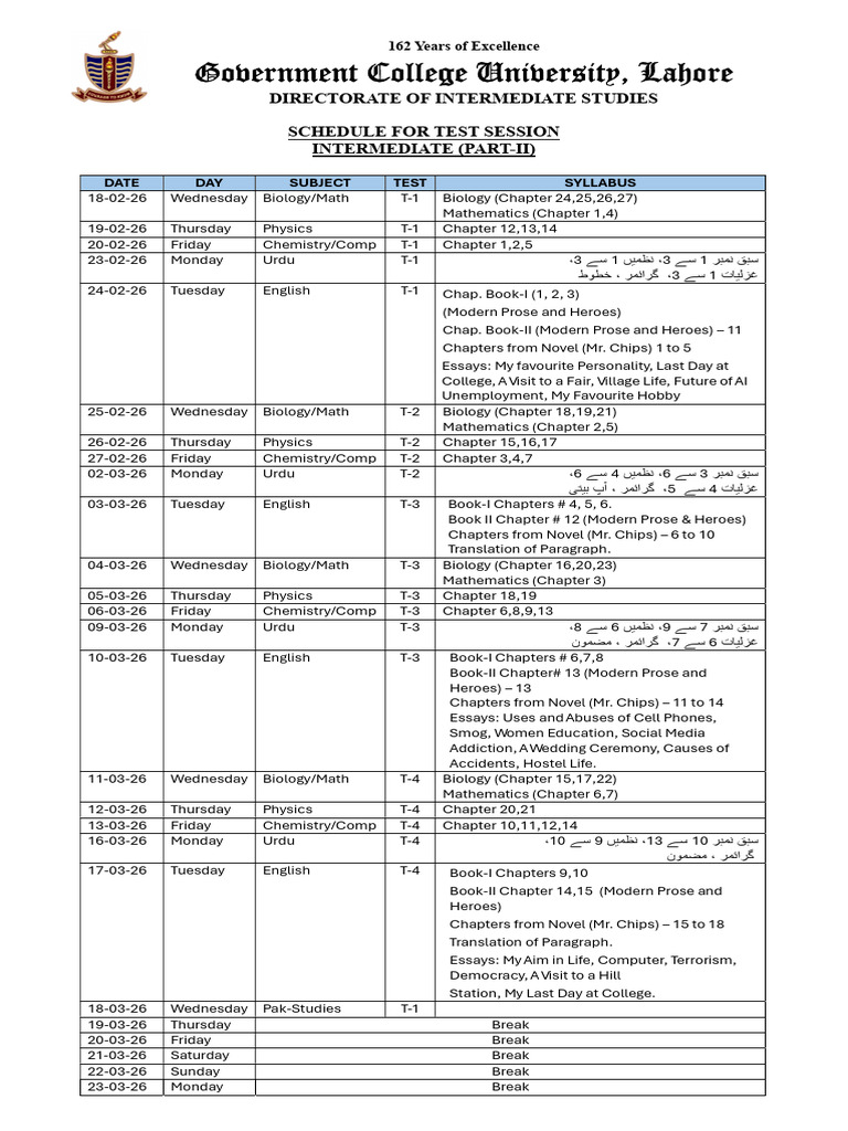 Schedule For Test Session 2026 | PDF