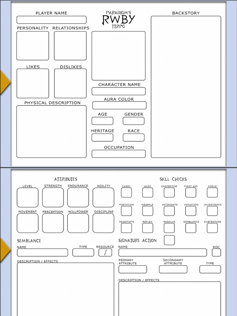 Character Sheet - Paradigm's RWBY TTRPG V2.0 | PDF