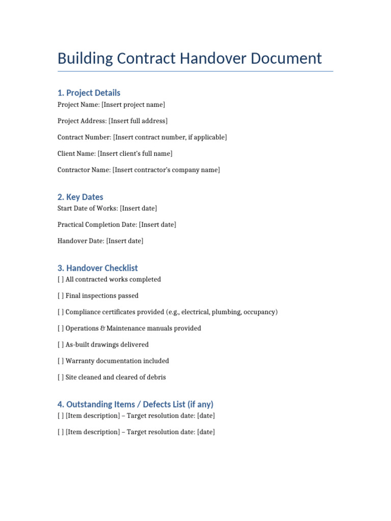 Building Contract Handover Document | PDF