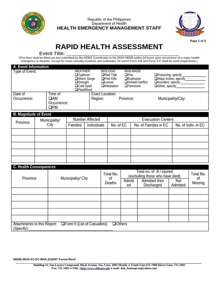 Form 4 Rapid Health Assessment 50copies | PDF | Natural Disasters ...