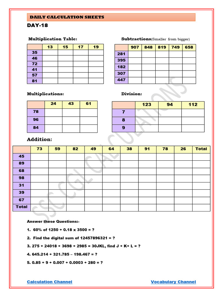 Day 18 Calculation Sheet | PDF | Arithmetic | Elementary Mathematics