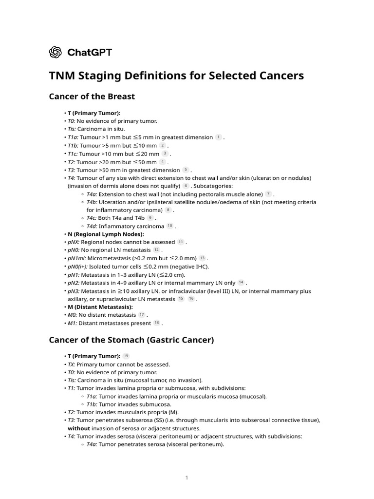 TNM Staging Definitions For Selected Cancers | PDF | Metastasis | Oncology