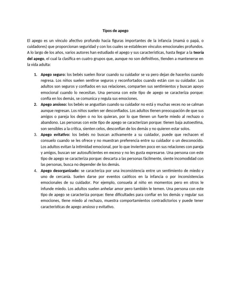 Tipos de Apego | PDF | Teoría de apego | Desarrollo humano