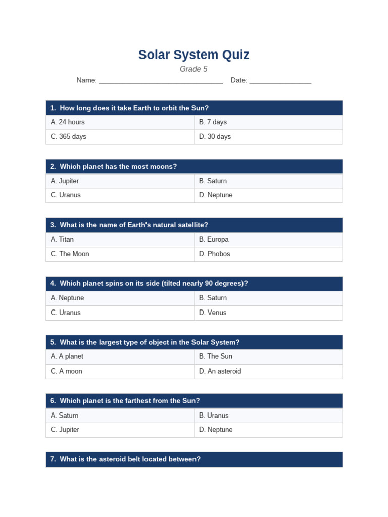 Solar System Quiz New-1 | PDF